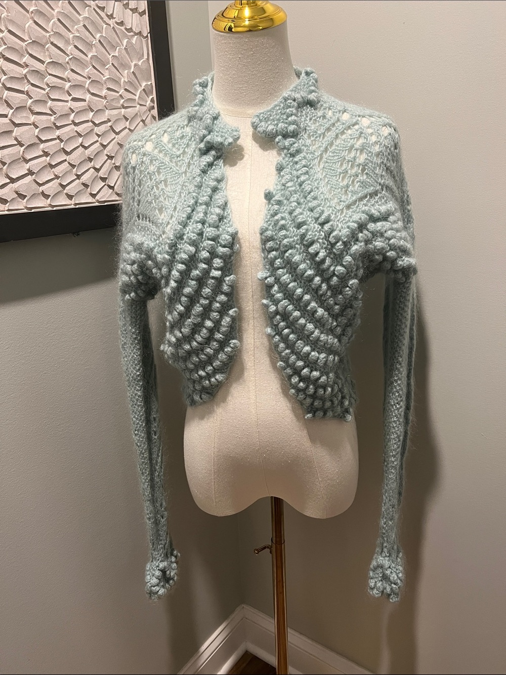 Moda International Mohair Light Blue Bobble Knit Cropped Cardigan